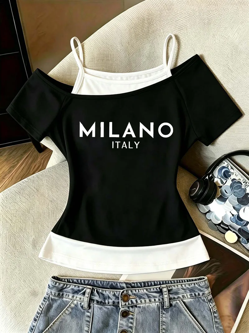 2000s Fashion Milano Italy Letter Print T Shirt Women T-Shirt Off-Shoulder 90s Graphic Chic Girls T Shirt Y2k Tops Tee