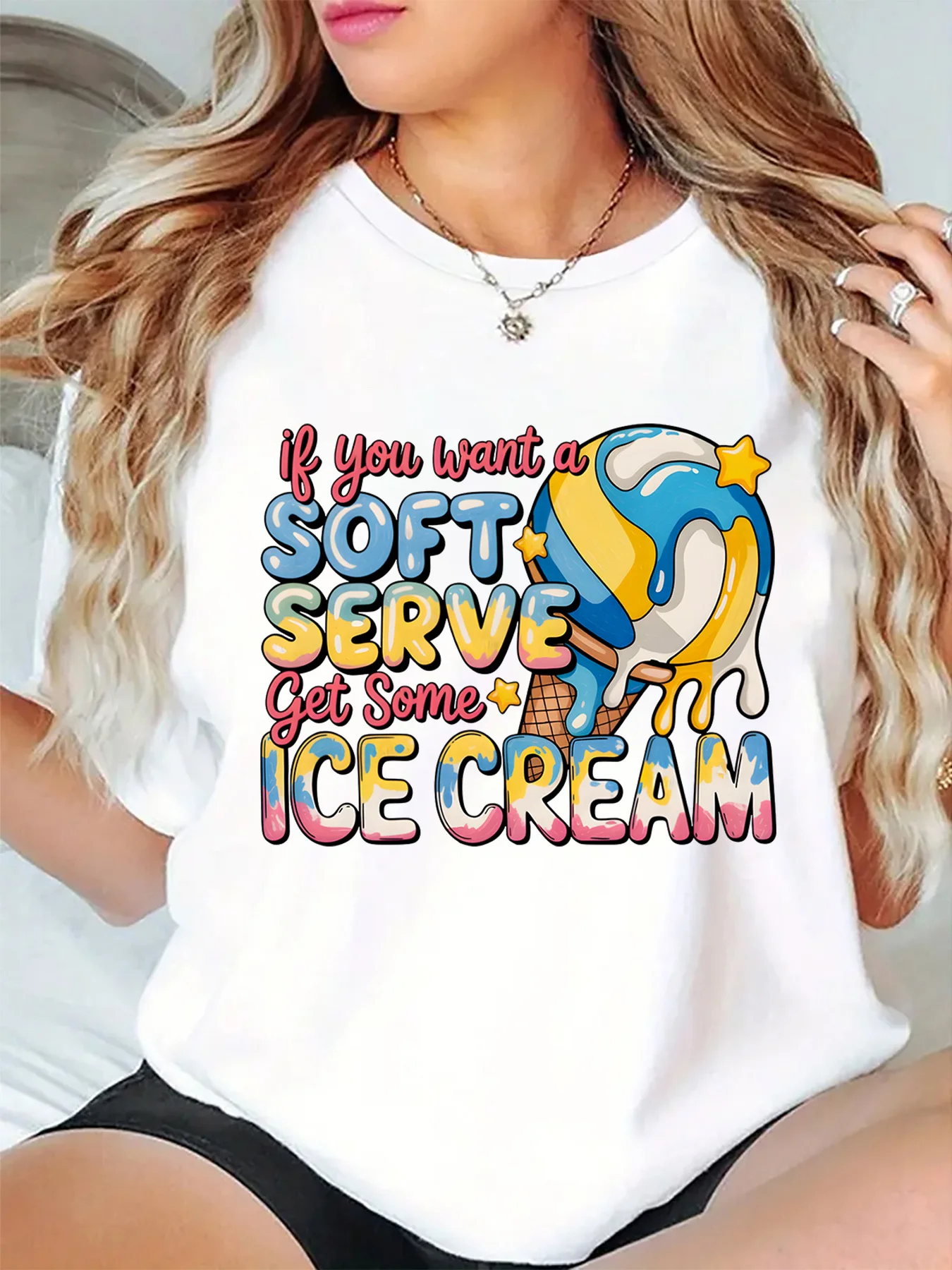 Soft Serve Ice Cream Colorful Letter Waffle Cone Graphic Womens T Shirt Short Sleeve Crew Neck Summer Casual Ladies Tee Tops