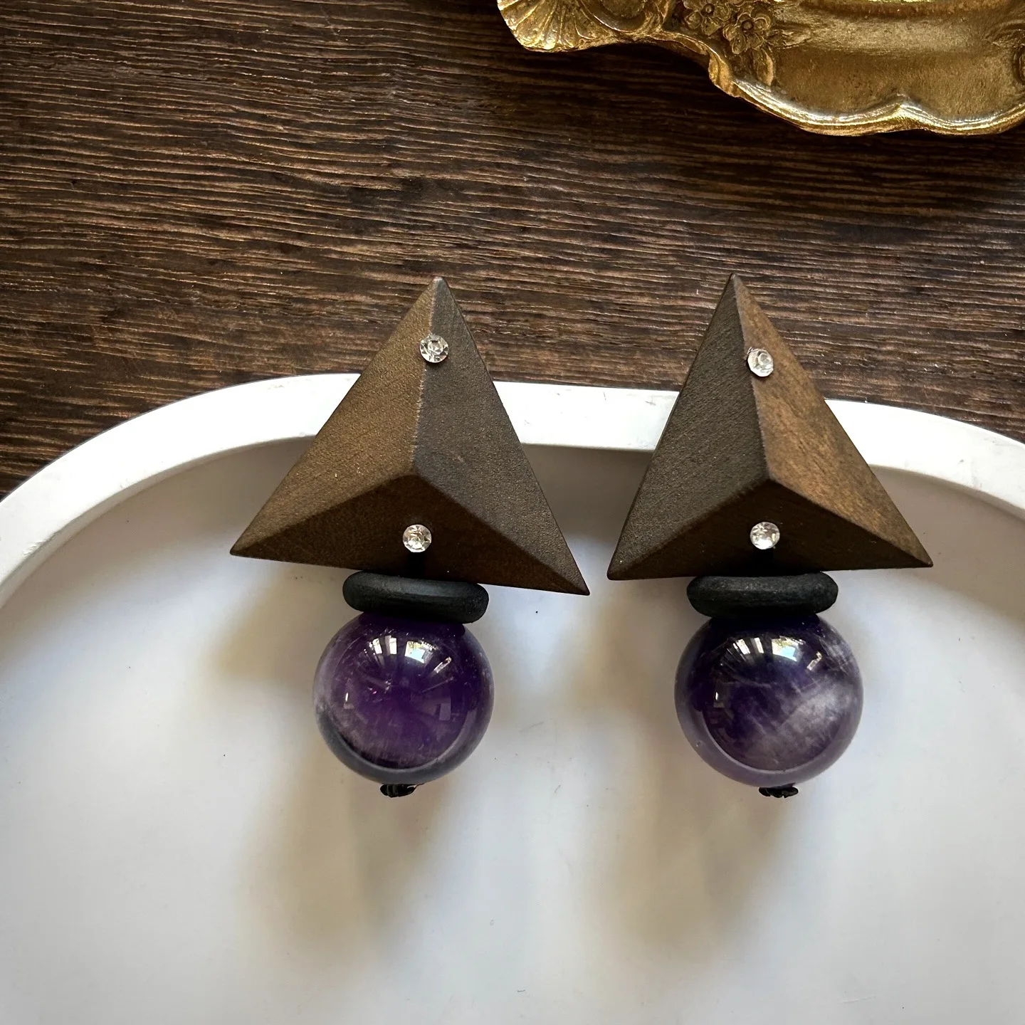 Geometric pyramid wooden handmade niche dark wind earrings natural mystery dream purple water ball earrings
