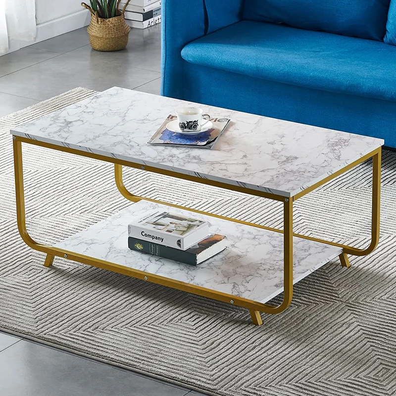 xx-Modern Storage Rectangle White Wood-textured Marble Table Top Iron Coffee Table Set for Livingroom Apartment Home Office Gym^