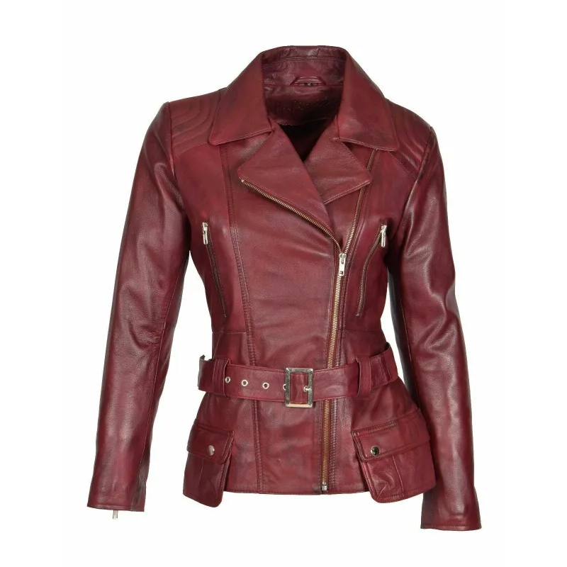 Women Genuine Lambskin Pure Leather Jacket Designer Slim Fit Biker Zipper Belted