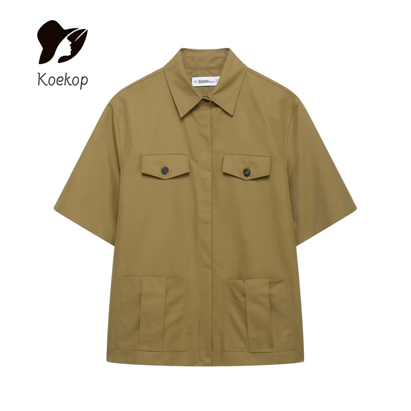 Koekop Women's Fashion Solid Color Lapel Pocket Embellished Shirt and Vintage Casual Women's Funky Ladies Pleated Shorts