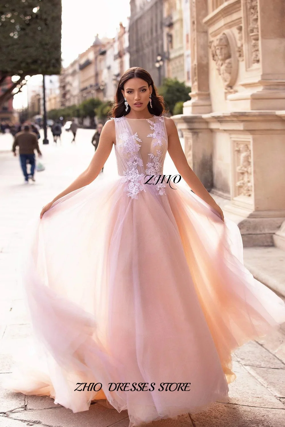 ZHIO Blush Pink Tulle Ball Gown Prom Dress Sheer Neckline Floral Lace Embellished Sleeveless Formal Evening Gown Customized