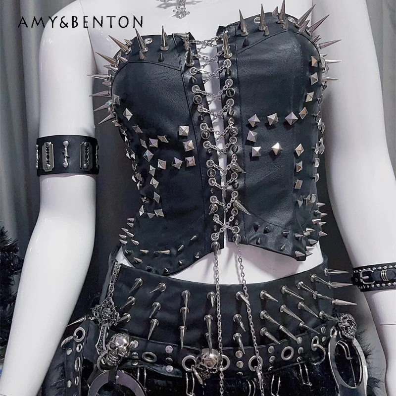 

Punk Style Gothic Dark Y2K Hot Girl Rock Subculture Rivet PU Leather Women's Vest European American Sexy Chain Tube Top Ladies