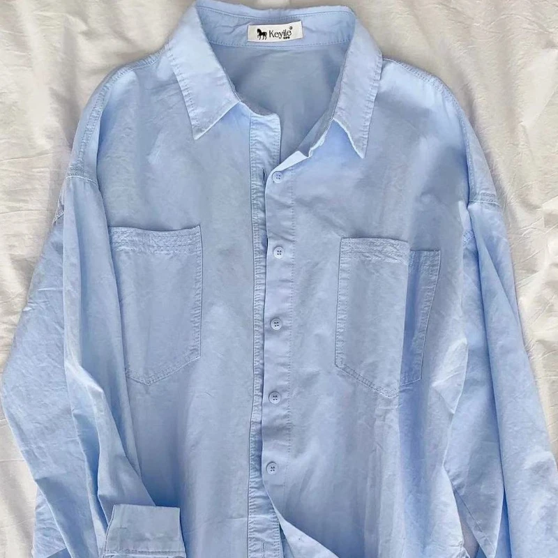 DAYIFUN Solid Shirts Women's Spring/summer Lapel and Double Pocket Design Blouses Female Blue Blusas Autumn Loose Casual Tops