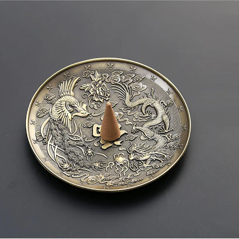 10cm Dragon and Phoenix Sandalwood Incense Burner Metal Incense Sticks Holders Can Use for Ashtray Plate Cup Base Home Decor