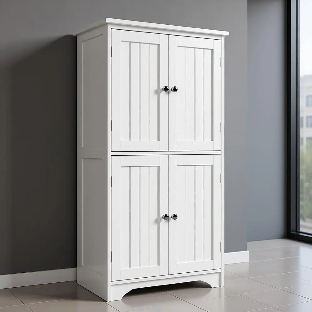 خزانة أرضية حمام بيضاء حديثة قائمة بذاتها مع 4 أبواب وأرفف قابلة للتعديل للتخزين في غرفة المعيشة