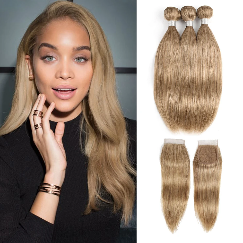 Color 8 Ash Blonde 3/4 Bundles with 4x4 Lace Closure Free Part Straight Remy Human Hair Weave Extension 16-24 inch MOGULHAIR