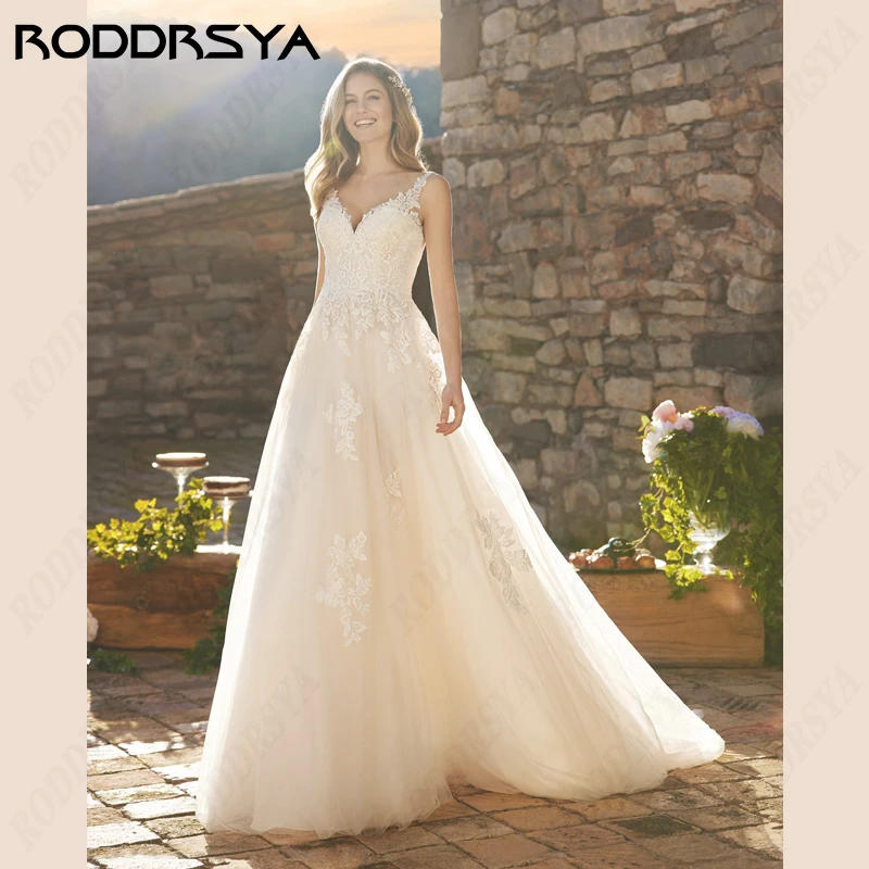 RODDRSYA sexy V-hals mouwloze trouwjurken kant Appliques Tulle Bride Party rugloze A-lijn bruidsjurken Vestids De Novia sexy V-hals mouwloze trouwjurken kant Appliques Tulle Bride Party rugloze A-lijn bruidsjurken Vest