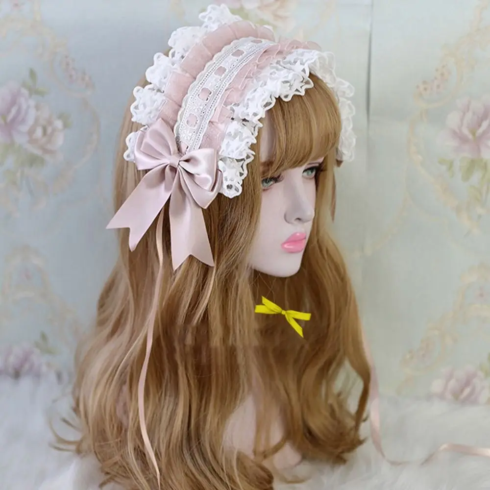 Headdress Anime Maid Sweet Hairband with Hairpins Lolita Ruffled Headband Lace Ribbon Hair Clips Embroidery  Hairpins