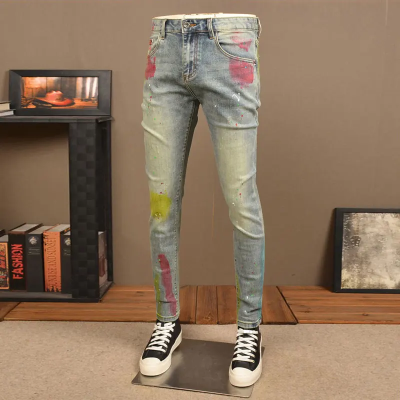 Street Fashion Mannen Jeans Retro Gewassen Blauwe Stretch Skinny Fit Gescheurde Jeans Mannen Geschilderde Designer Hiphop Denim Potlood Broek