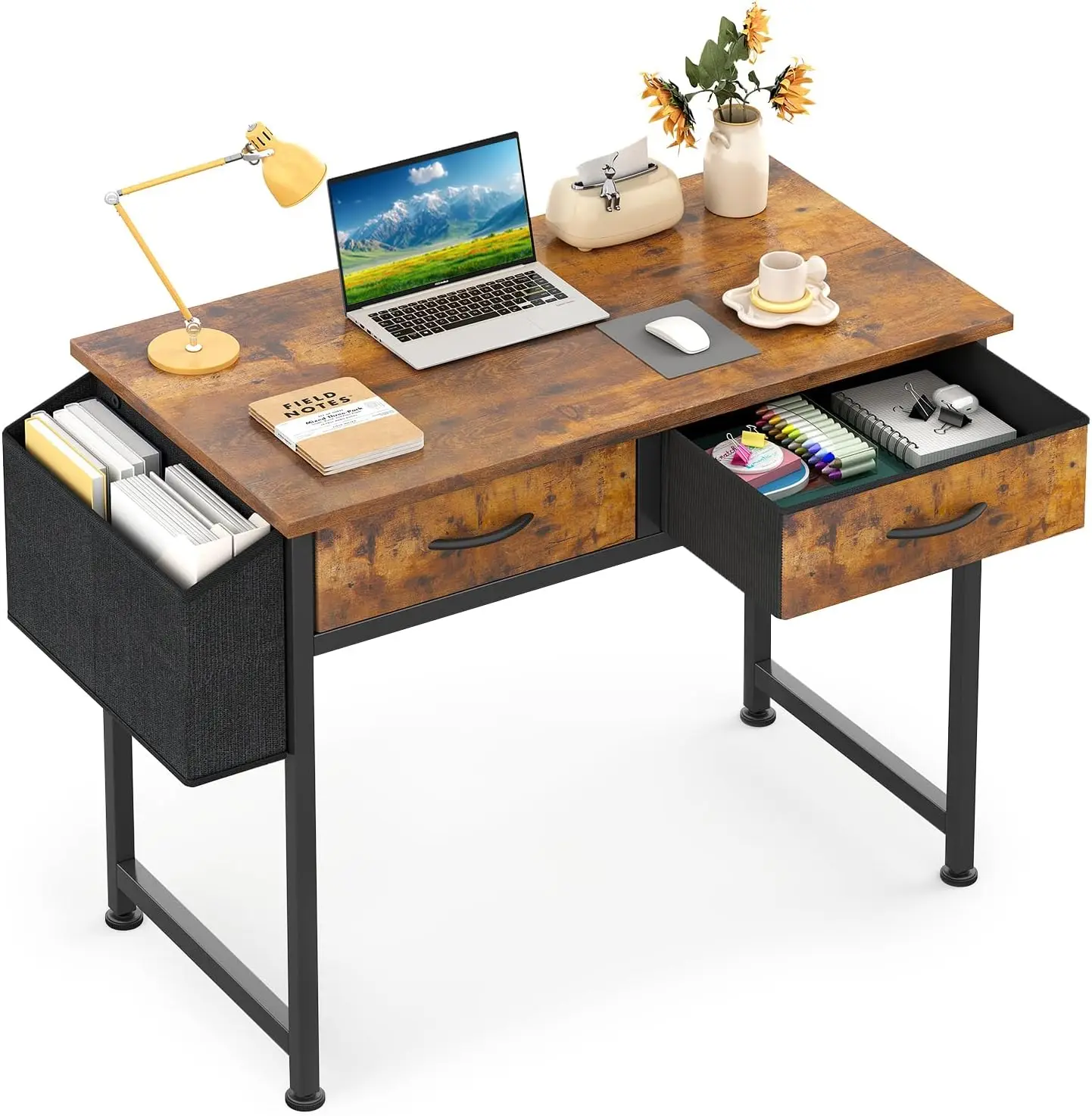 31" Small Computer Desk with Fabric Drawers, Home Office Desk for Bedroom, Writing Desk with Side Pocket and Hook, Study Table for Kids Teens