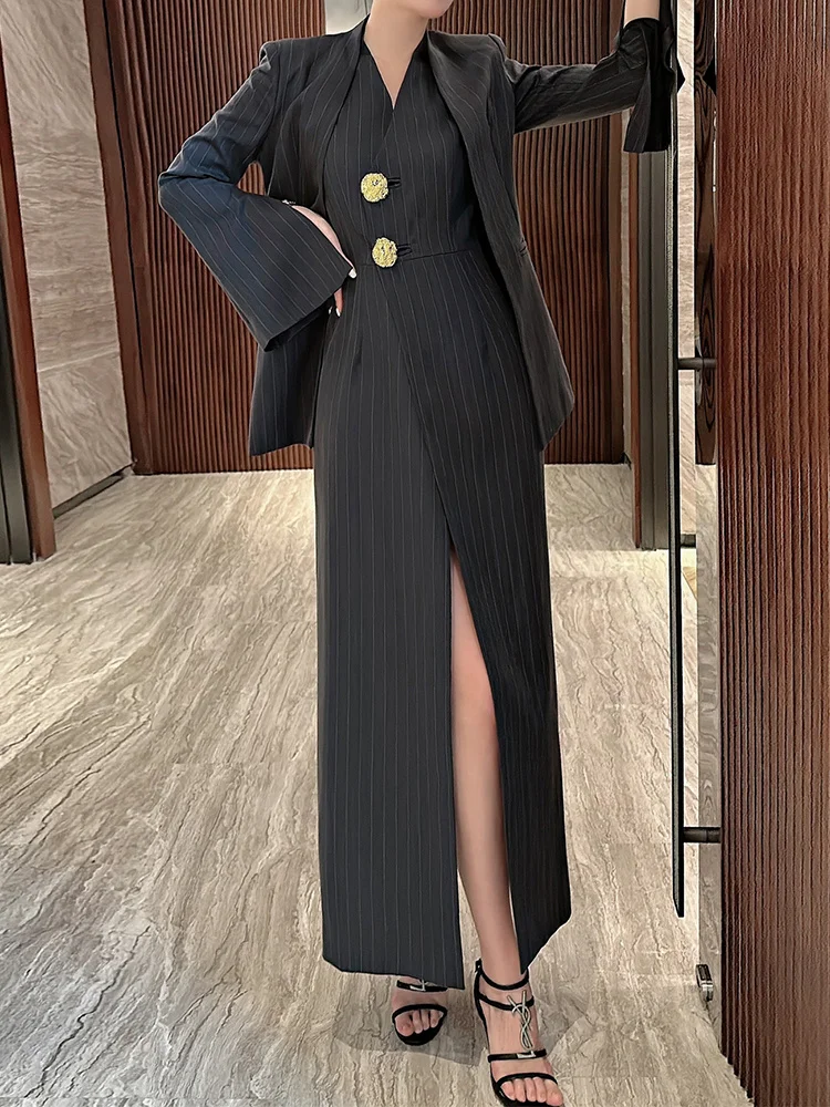 BZVW Women\'s 2 Pieces Sets Fashion Striped Suit Jacket V-neck Sleeveless Single Breasted Slit Dress Autumn 2024 New 5R5493