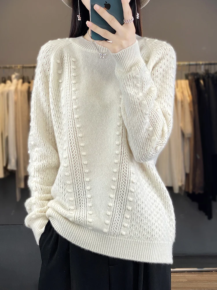 100% Pure Wool Sweaters Women O-Neck Jacquard Knit Pullover Hollow Long-Sleeved Thick Blouse Autumn Winter New Large Size Jacket