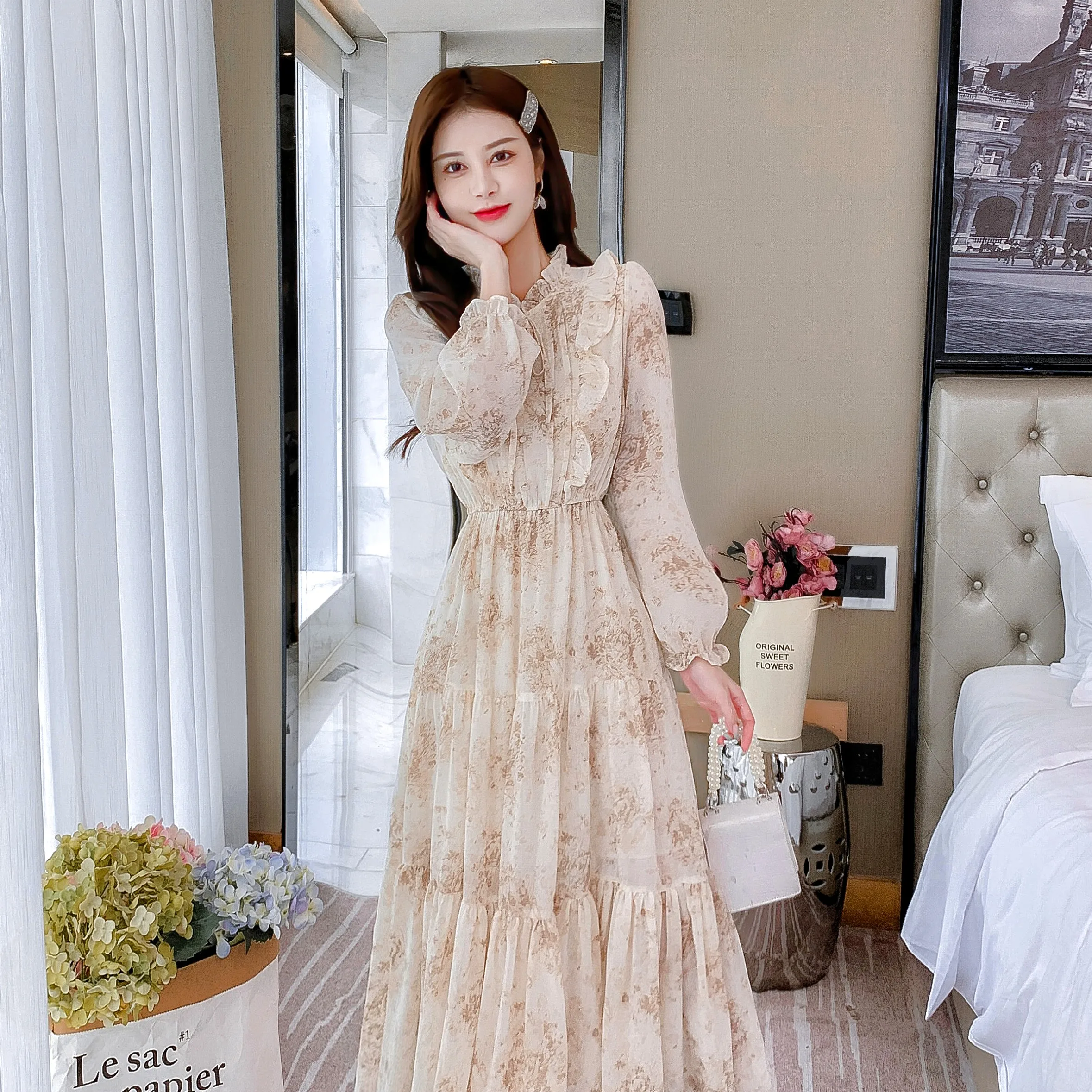 

French Sweet Print Elegant Dress For Women 2024 Autumn New Lotus Collar Lantern Sleeves Mushroon Slimming A-line Long Dress