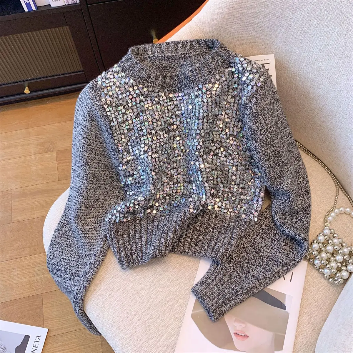 Women's Sequin Long Sleeve Sweater, O Neck, Short Pullover, Chic Casual, Knitted Vintage Jumpers, New Fashion, Autumn, Winter,