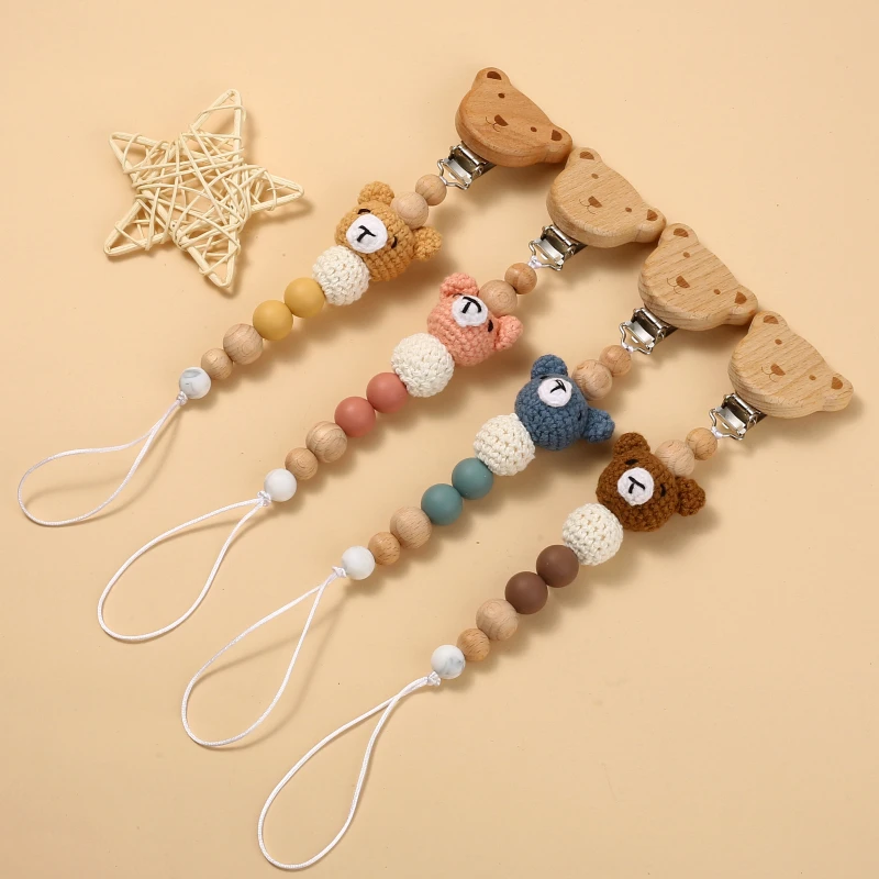 2Pcs Baby Beech Wood Pacifier Clip Cartoon Animal Crochet Beads Silicone Nipple Chain Teether Nursing Toys Baby Pacifier Chain