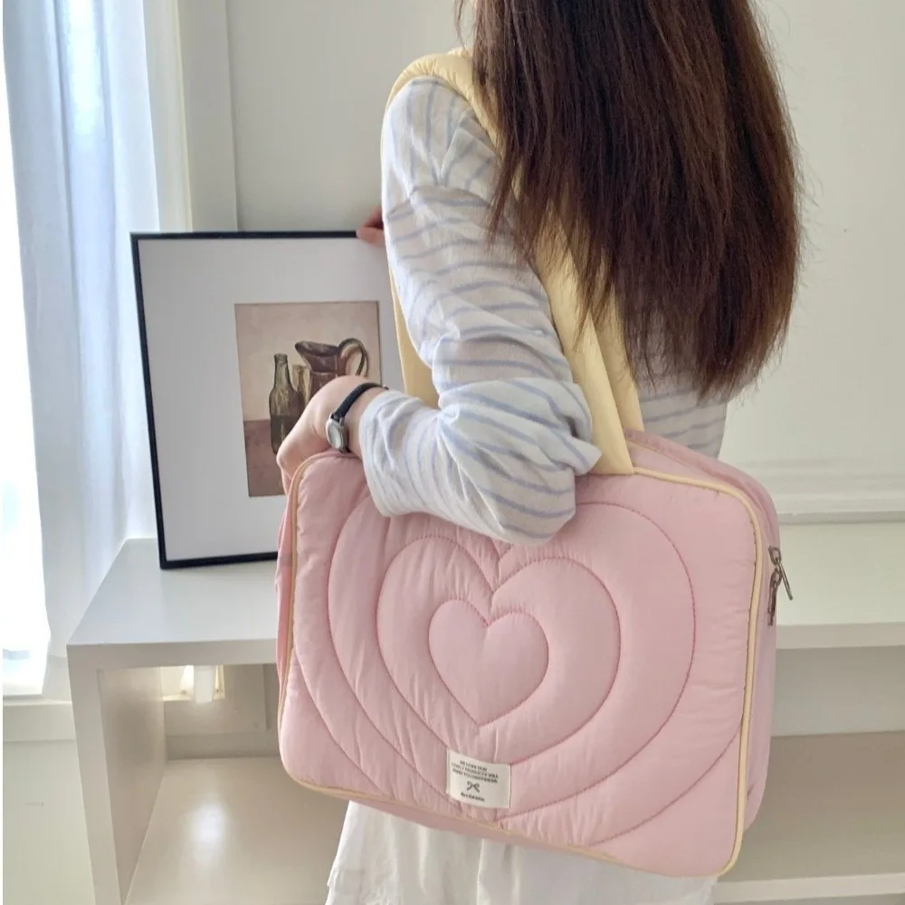 Quilted Laptop Shoulder Bag Heart Embroidery 11 13 14 15 15.6 16 Inch Notebook Pouch Ultralight Padded Protection Laptop Bag