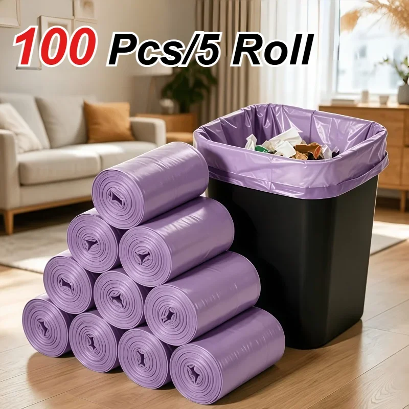 100 Stück/5 Rollen Lila Flachmündige Große Müllbeutel, Gute Belastbarkeit, Geeignet für Haushalt, Küche, Büro, Außenreinigung – Detail 1