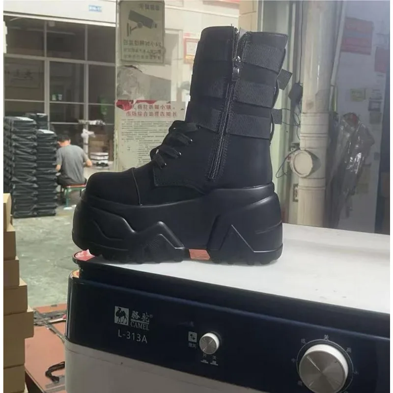 Women Ankle Booties Autumn Leather Chunky Shoes High Platform Breathable Sneakers 9CM Thick Sole Wedges Motorcycles Boots