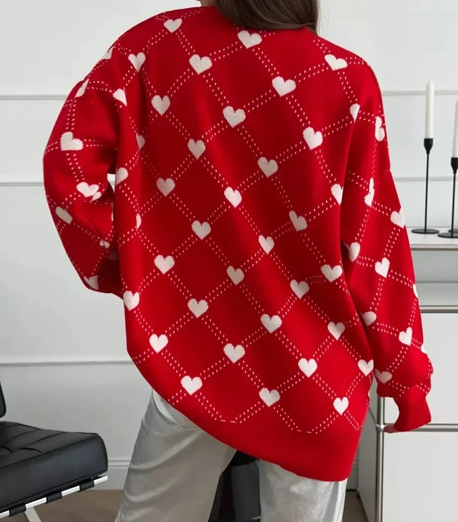 Otoño Invierno nuevo cálido estampado de amor suéter de cuello redondo para mujer suelto Casual longitud media moda Jersey Top