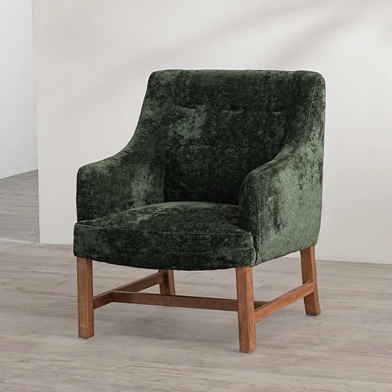 

Dark green sofa chair wabi-sabi wind solid wood chenille flannel single casual sofa chair