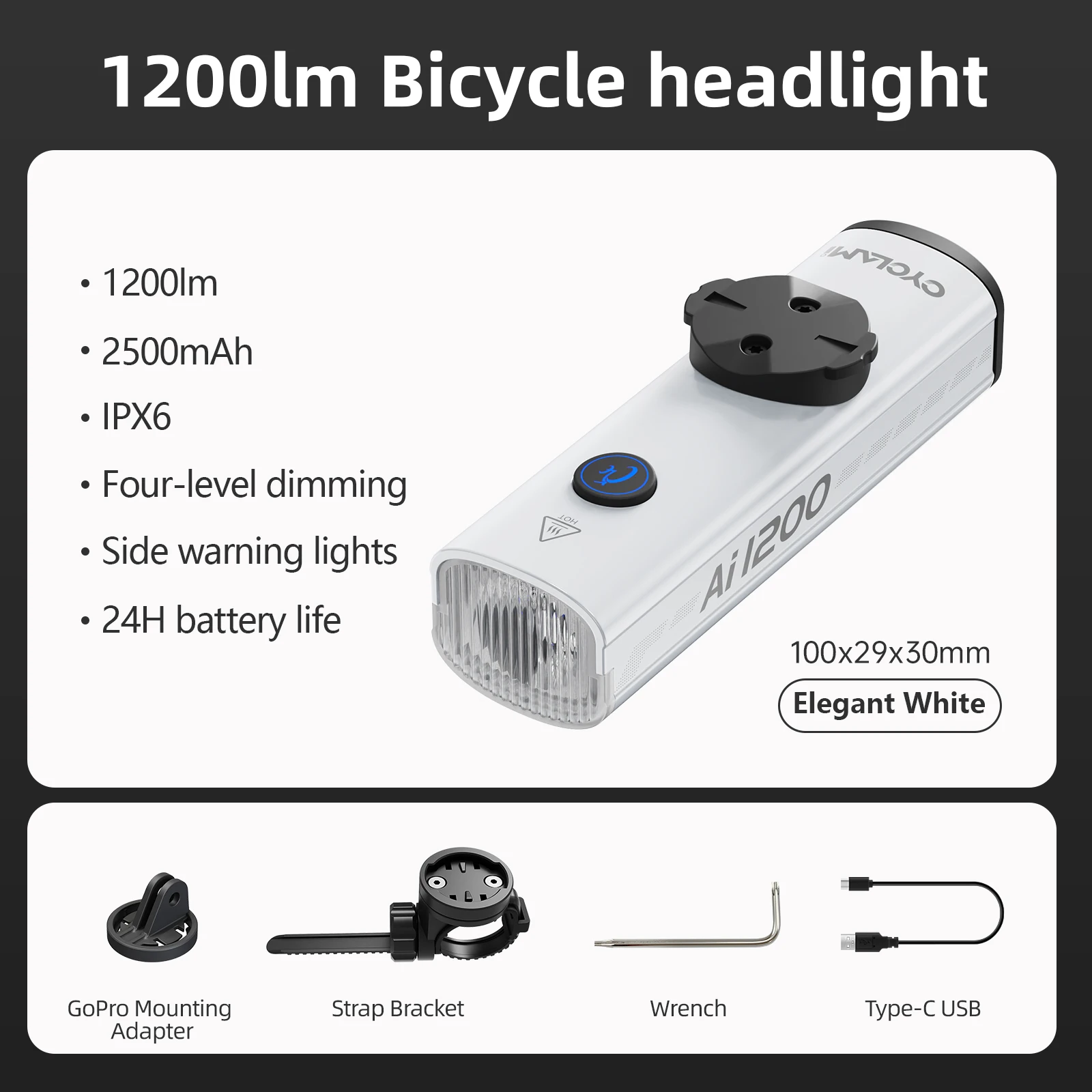 CYCLAMI AI1200 Portable Bicycle Headlight Aluminium Alloy Mini Warning Front Lamp MTB Road Bike Type-C Rechargeable 1200 Lumen image 6