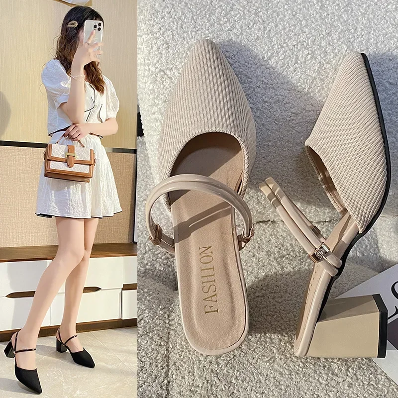 

Heeled Sandals Fashion Sexy Pointed Toe Knitted Women's Sandals Solid High Heel Summer Thick Heeled Women Shoes Zapatillas Mujer