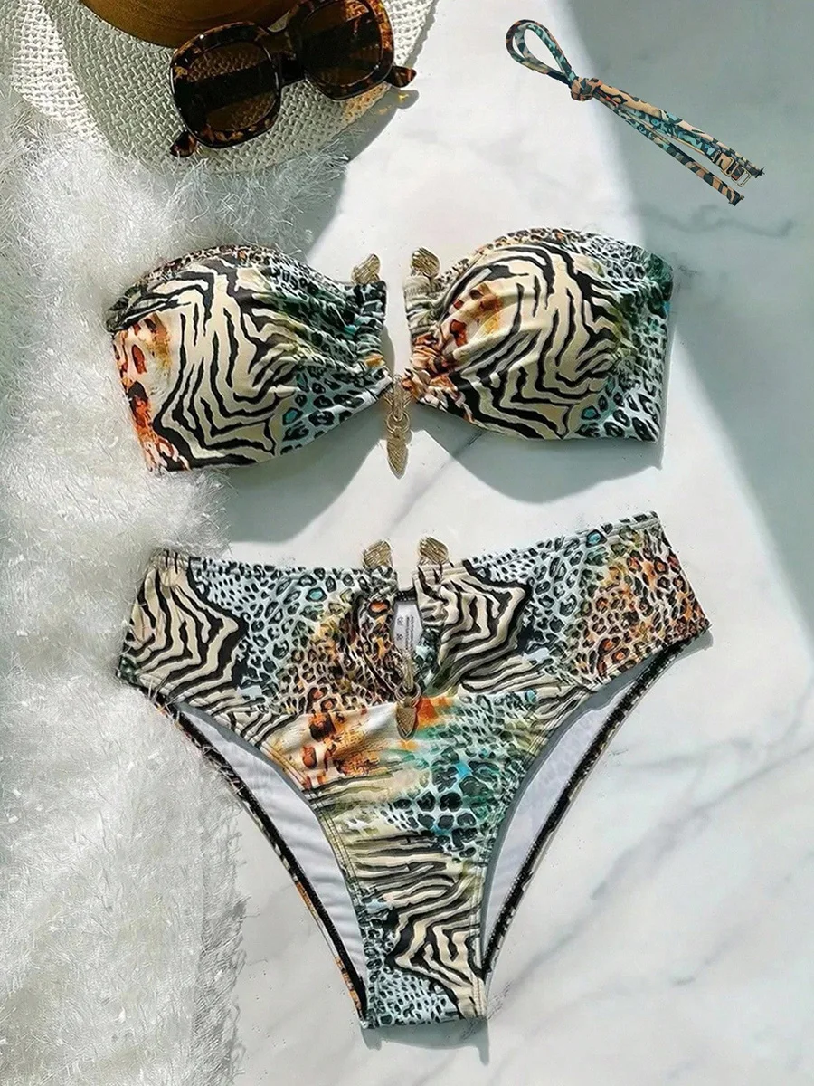 

Купальник-бикини с леопардовым принтом S-XL, женский, без бретелек, комплект из двух частей, для пляжа