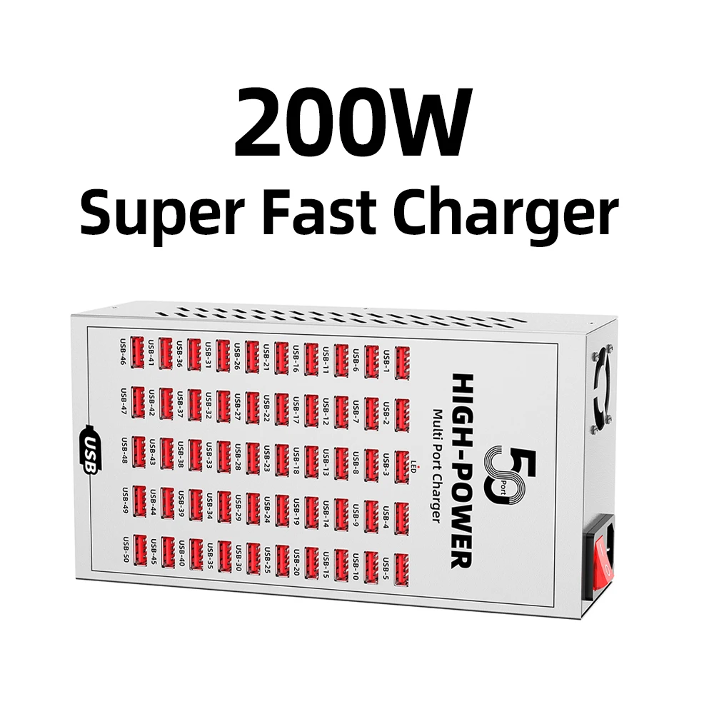 

WLX USB-C Fast Charning 200W 50 USB-Port High Power Charging Station Hub 3C3A PD Charger for Phones and Tablets, Portable Design