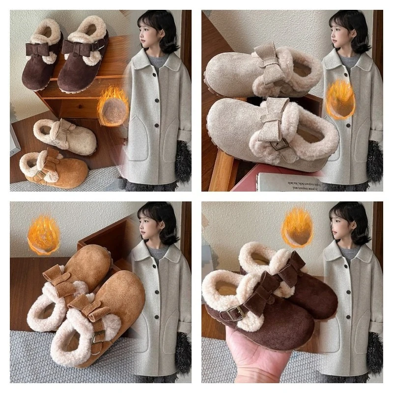 

Детская утепленная хлопковая обувь для детей 2–18 лет, светло-серые теплые меховые туфли с подкладкой для девочек, мягкие нескользящие детские полусапожки верблюжьего цвета