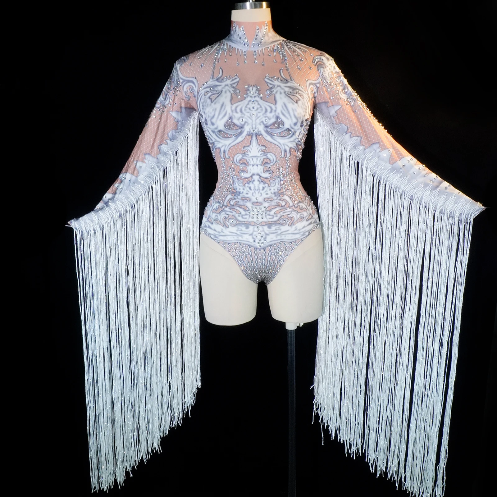 

Diamond Party Outfit luxury Women bodysuits white Tassel Dance Outfit Shiny crystal long fringes Show Wear Performances Birthday