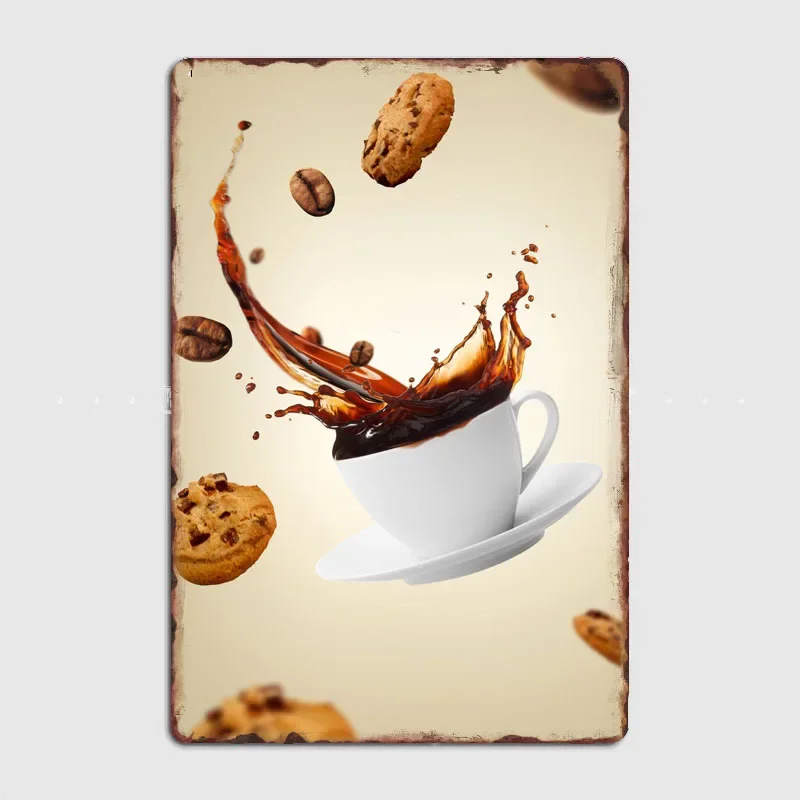 Food And Kitchen Retro Coffee Splash with Cookie Metal Posters Canteen Vintage Garage Garden Wall Tin Sign Home Decor Room Decor