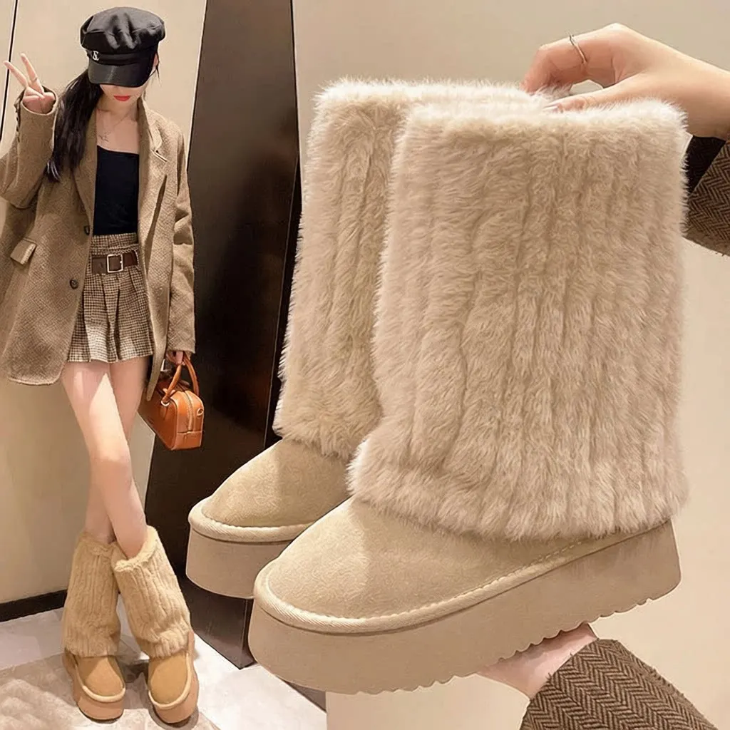 

Women's Winter Fashion Short Snow Boots Thick Bottom All-Match Fleece Lined Fur Boot Warm Stylish Flat Heel Korean Style