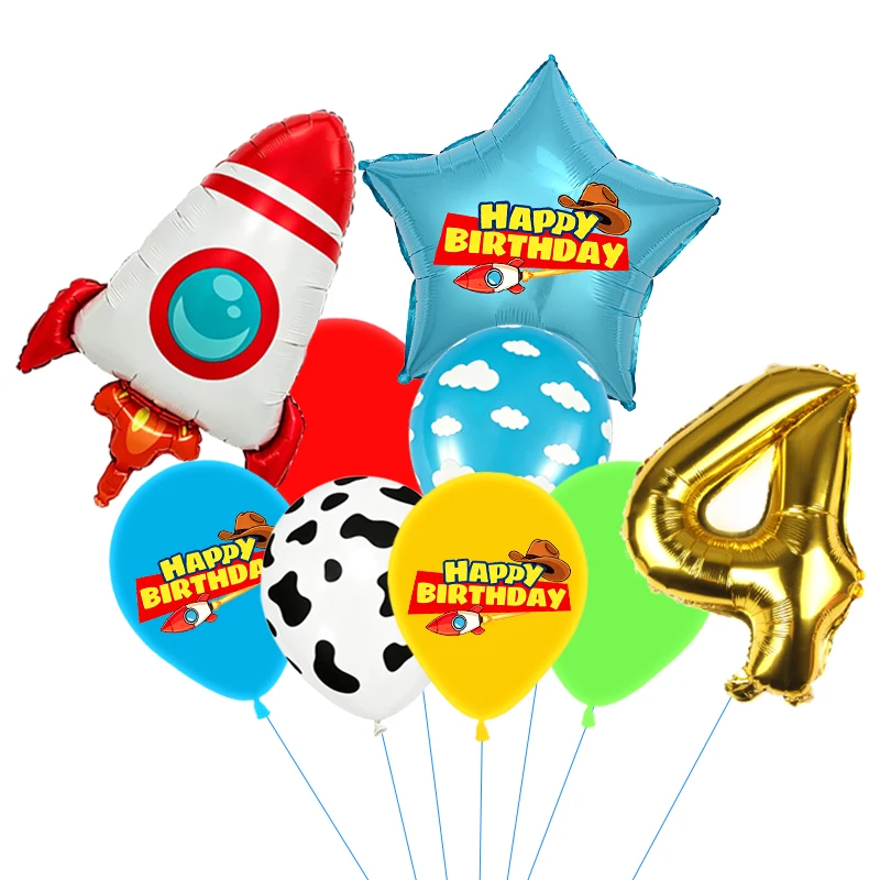 Rote, gelbe und grüne Spielzeugballons, hellblaue Ballons mit Wolken- und Kuhmuster für die Dekorationen zu Babystory- und Cowboy-Partys – Detail 32