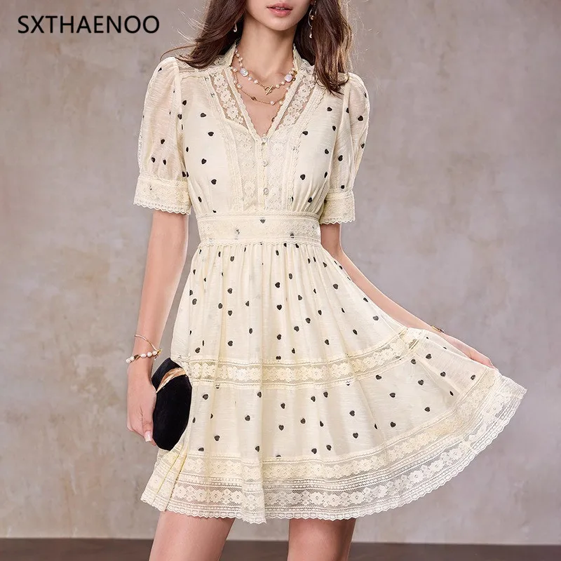 

SXTHAENOO Hit Color Spliced Wave Point Dresses for Women V Neck Short Sleeves High Waist Patchwork Lace Elegant Dress Female