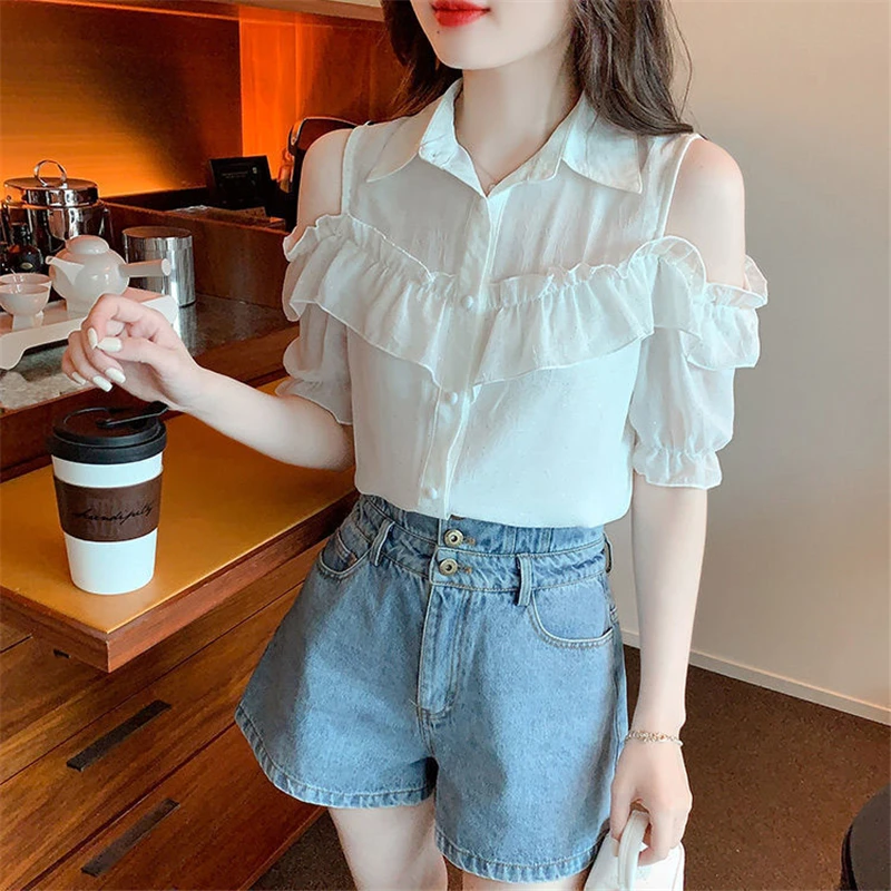 Women Ruffle Sexy Off Shoulder Chic Sweet Shirts Summer Korean Style Lapel Short Sleeve Blouses Solid Elegant Chiffon Tops Blusa