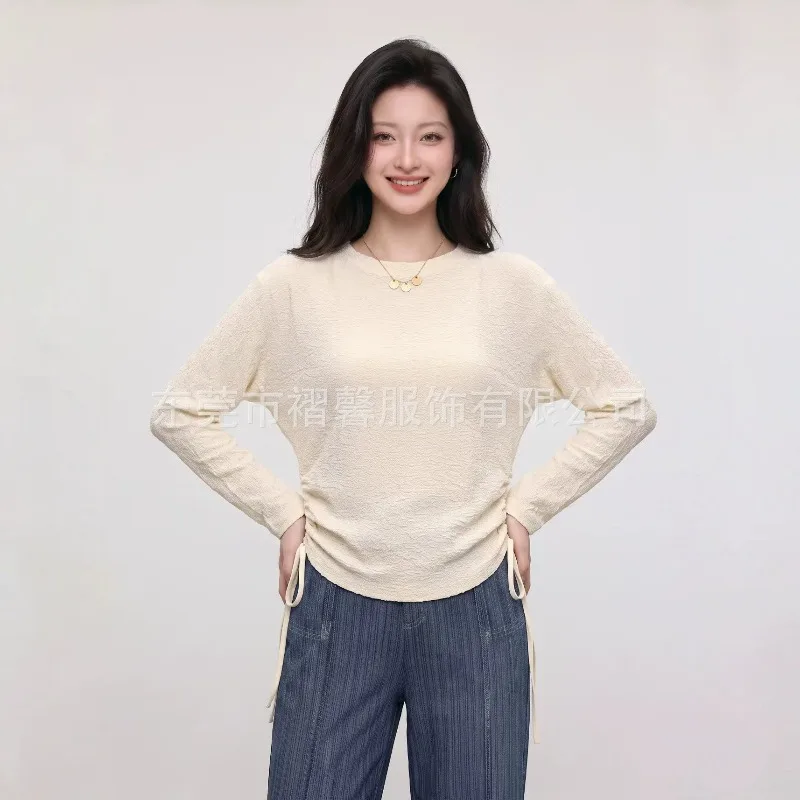 Miyake Pleated 2026 Spring Autumn Side Drawstring Long Sleeve Top Women Solid Color Round Neck Loose Elastic Pleated T-Shirt