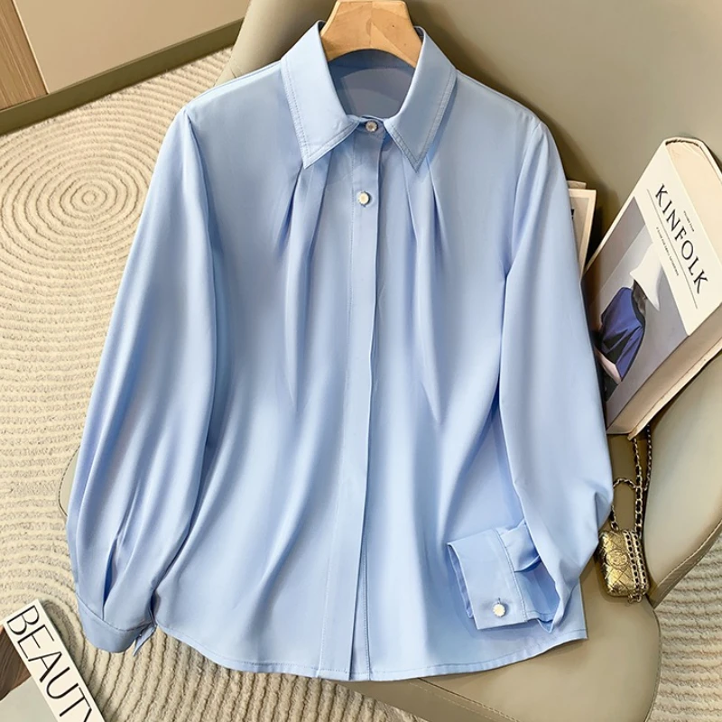 2026 White Lapel Long-Sleeved French Blouse Spring Autumn New Korean Version The Loose Plus Size Temperament Profession Shirts