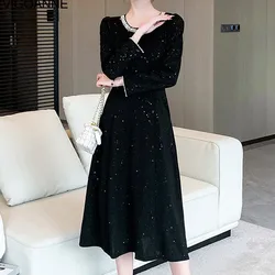 VigoAnne 2025 Woman Black O Neck Knit Dress Spring Autumn Slim Long Sleeve Korean Dresses Lady Evening Party Tight Long Dress