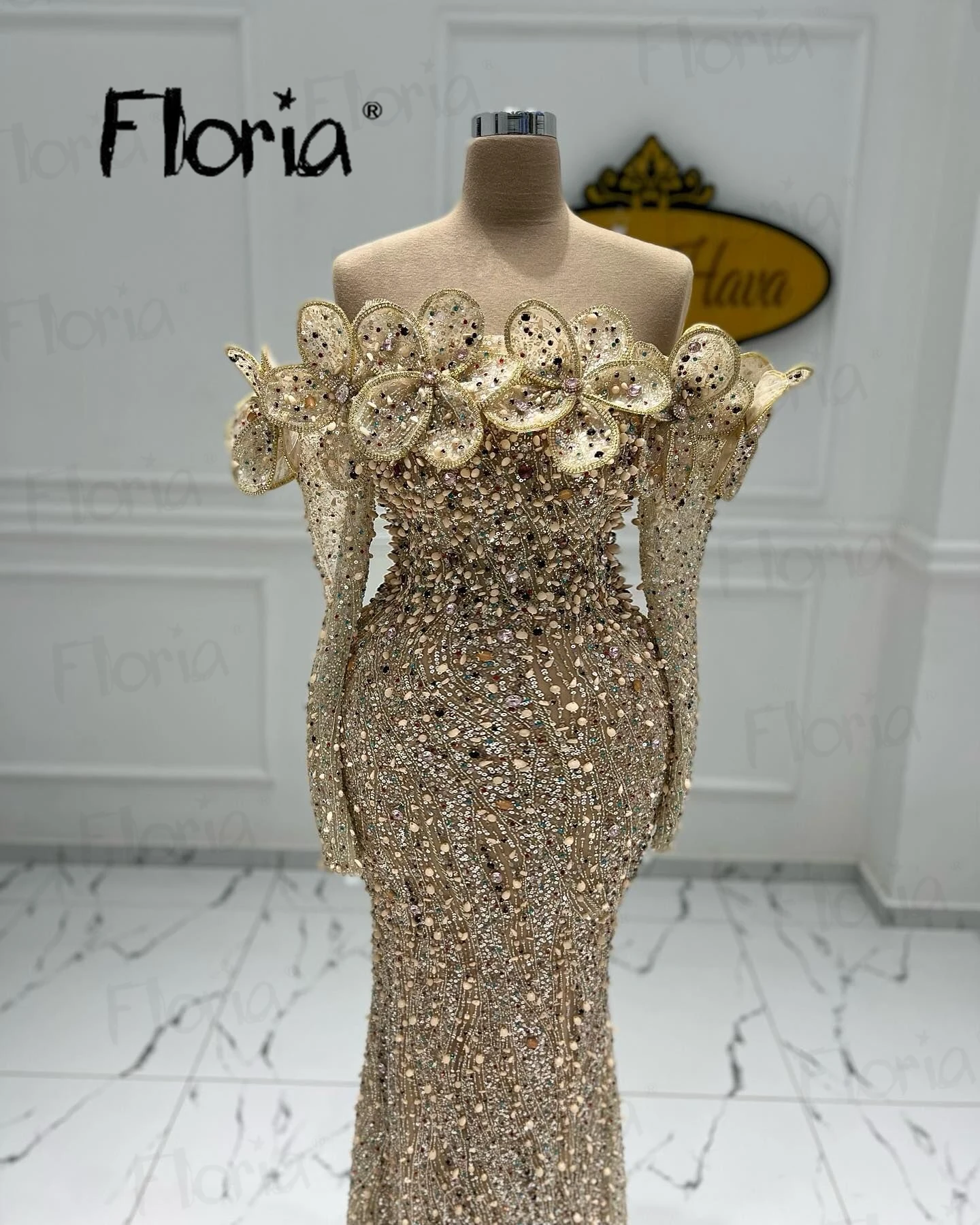 Champagne Luxury Beading Evening Dresses 3D Flowers Appliques Off Shoulder Wedding Party Dress Formal Celebrity Gowns For Women