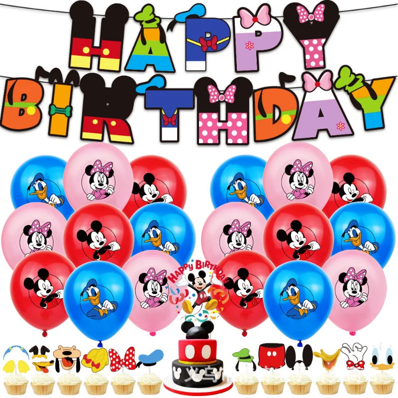 Disney Mickey Theme Party Decorations Party Balloon Happy Birthday Banner Cake Topper Kids Toys Large Parties Supplies Set Gift