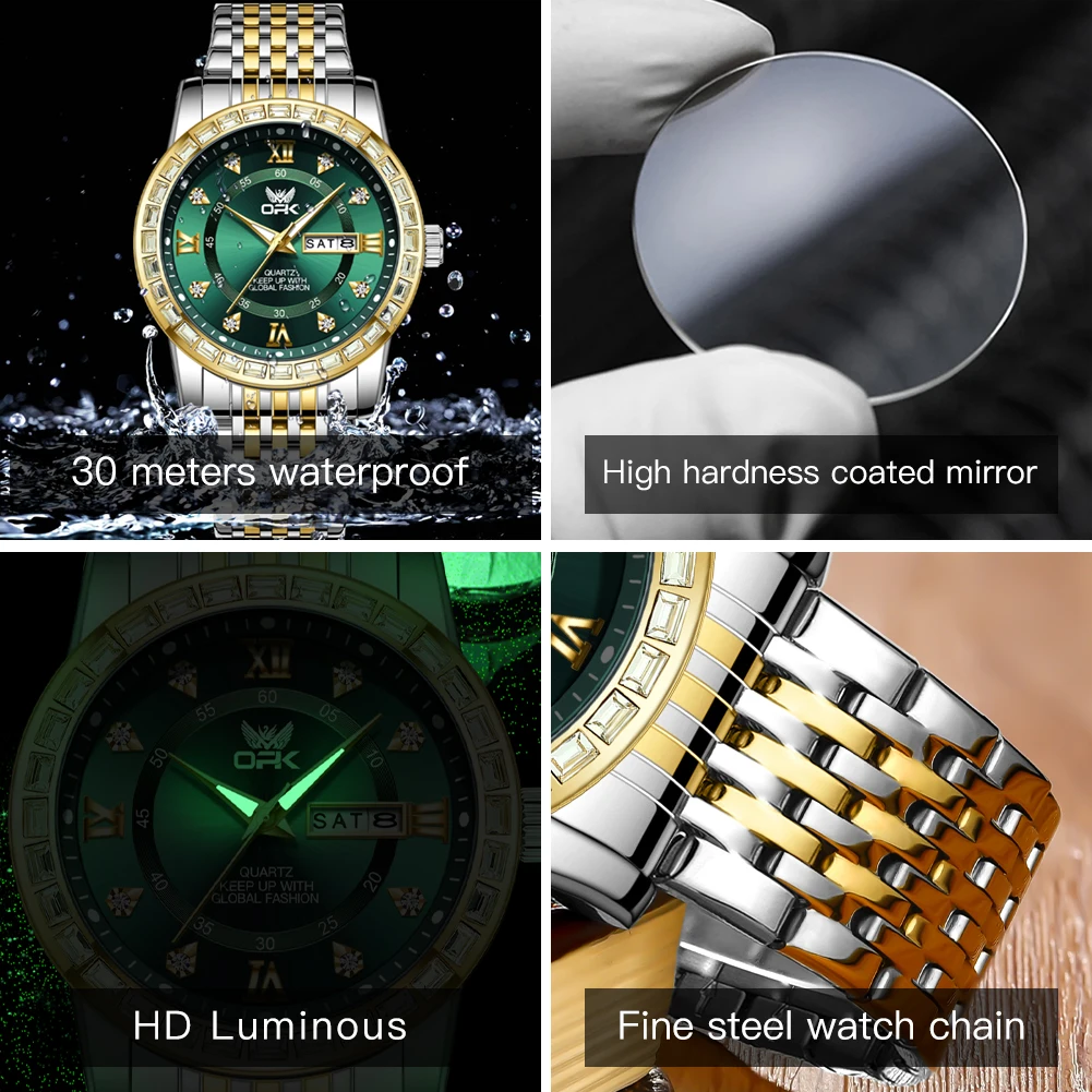 OPK 8174 Watches For Men Classics Fashion Original Quartz Wristwatch Waterproof Luminous Zircon Bezel Dual Calendar Display