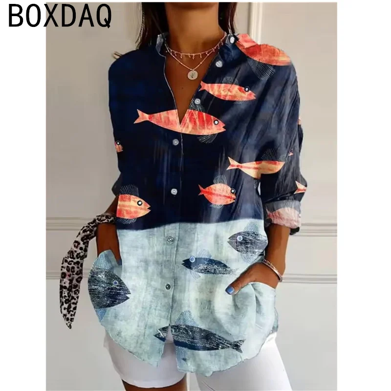 レディースシャツ 3D魚柄プリントシャツ ヴィンテージ風 秋 長袖 ラペルボタン カジュアルブラウス 大きいサイズ 女性用個性派シャツ