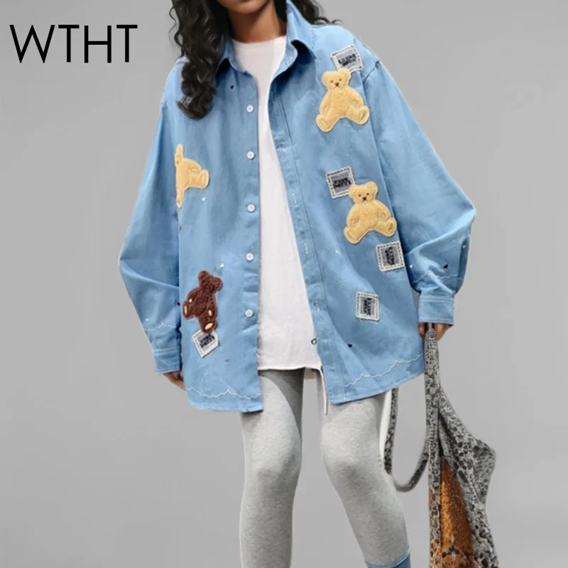 

WTHT women's denim shirt vintage patchwork embroidery cartoon design long sleeves lapel loose blouse female 1LS667