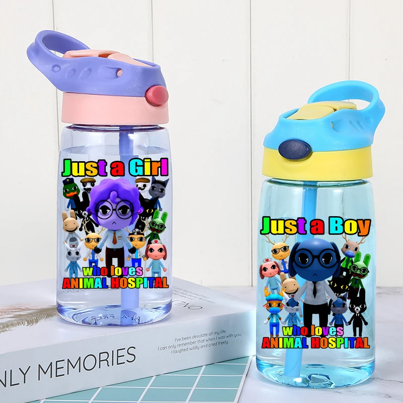 Animals Hospitals Water Bottle with Straw Boys Girls Anime Cup Kids Outdoor Sports Mug Children Portable Kettle Birthday Gift