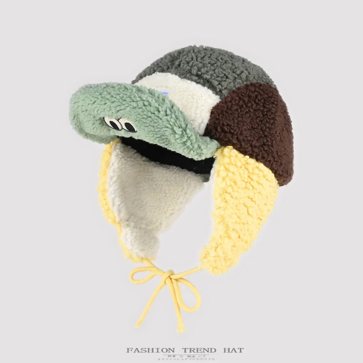 Cute Color Block Sherpa Trapper Hat Cartoon Eye Decor Lamb Fleece Ear Flap Winter Hat with Tie