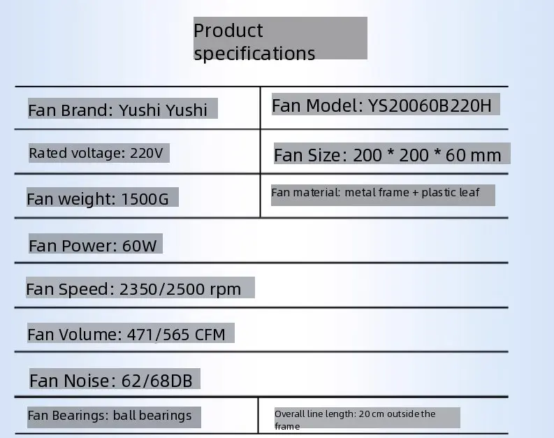 Ventola di raffreddamento assiale per armadio elettrico AC doppia sfera 200x200x60mm 200mm AC 220V