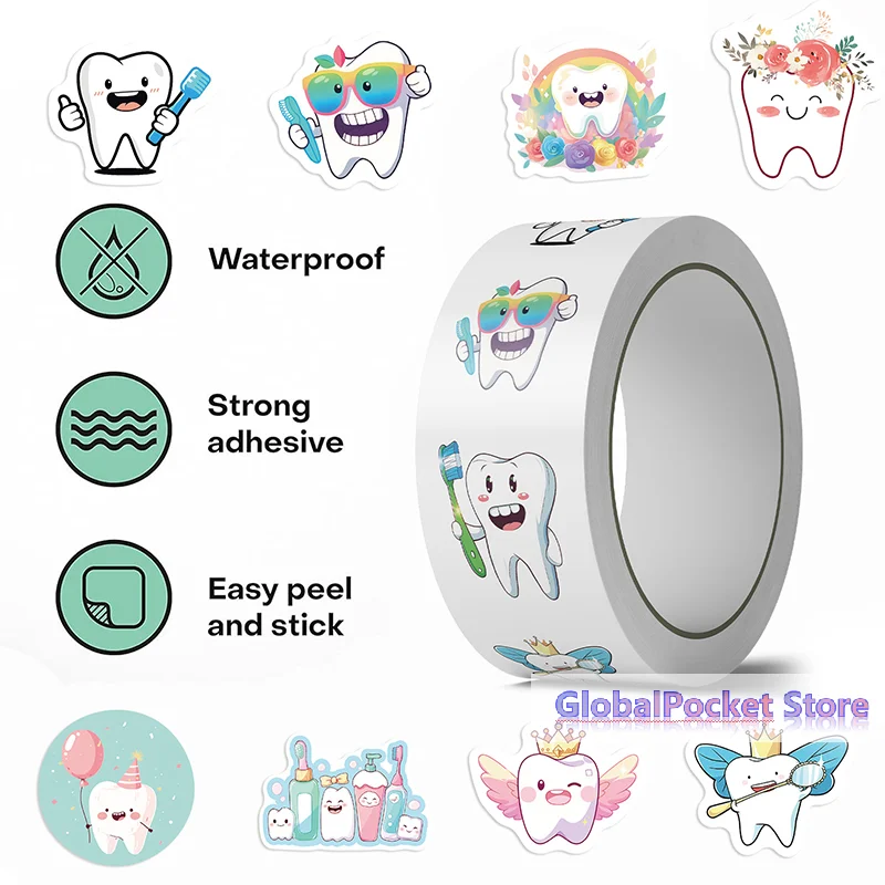 500 Sheets/roll Protect Teeth Cartoon Stickers For Kids Students Graffiti Laptop Stationery Cute Sticker Dental Clinic Gifts