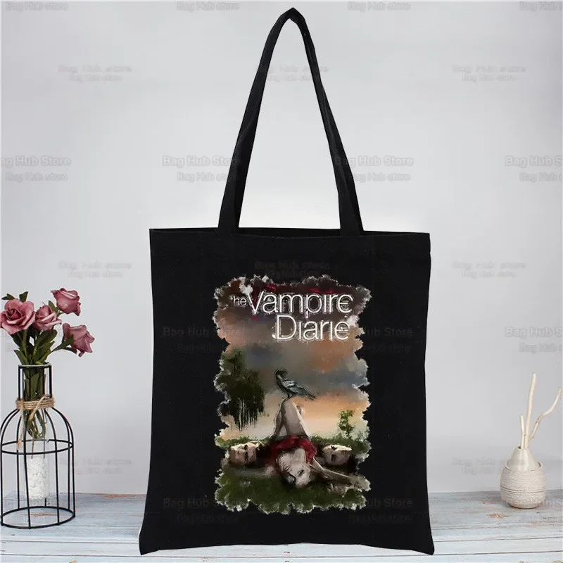 The Vampire Diaries Women Shopper Bag Canvas Tote Elena Katherine Shoulder Bags Vintage Gilbert Shopping Bag Black Handbags Eco